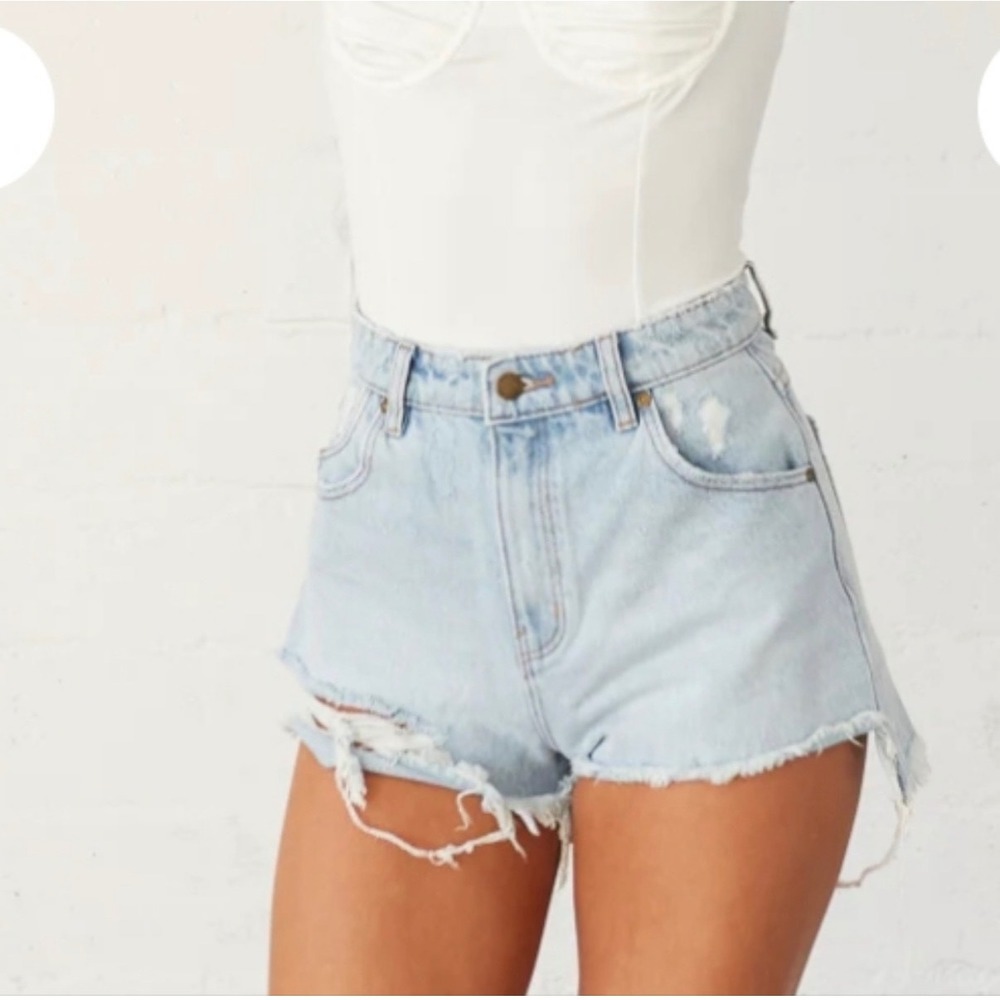 Rolla's Dusters High Rise Slim Denim Cut Off Shorts Light Blue Distressed - 30
